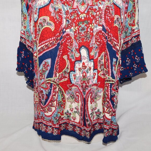 Bila Womens XL Rayon Cold Shoulder multicolour Short Sleeve Peasant Top Blouse - Picture 3 of 12